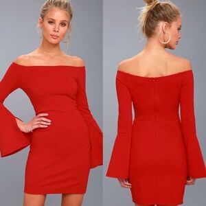 Marseille Red Off-the-Shoulder Long Sleeve Bodycon Dress